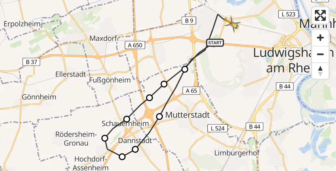 Flugroute Rettungshubschrauber Ludwigshafen am Rhein - Ludwigshafen Accident Hospital Heliport, 27 Februar 2026, 15:39