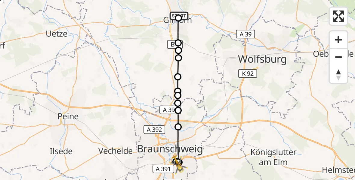 Flugroute Rettungshubschrauber Gamsen - Südstadt-Rautheim-Mascherode, 27 Februar 2026, 15:45