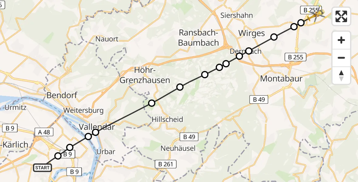 Routekaart van de vlucht: Rettungshubschrauber nach Niederahr, B 255