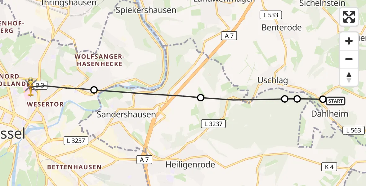 Routekaart van de vlucht: Rettungshubschrauber nach Kassel, Mönchebergstraße