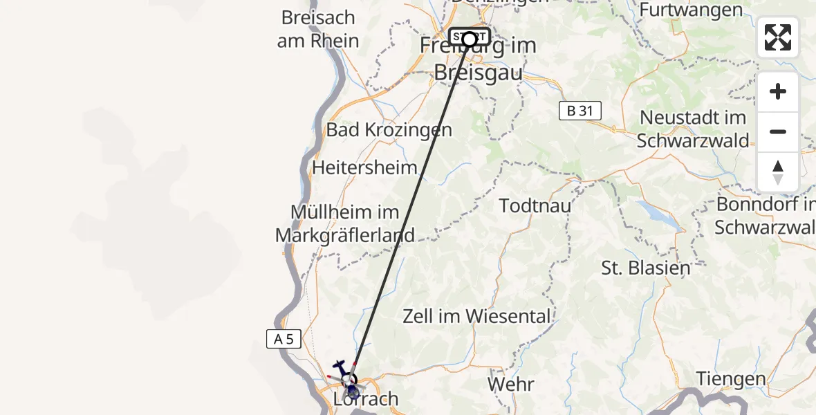 Flugroute Polizeihubschrauber Freiburg im Breisgau Airfield - Binzen, 27 Februar 2026, 15:55
