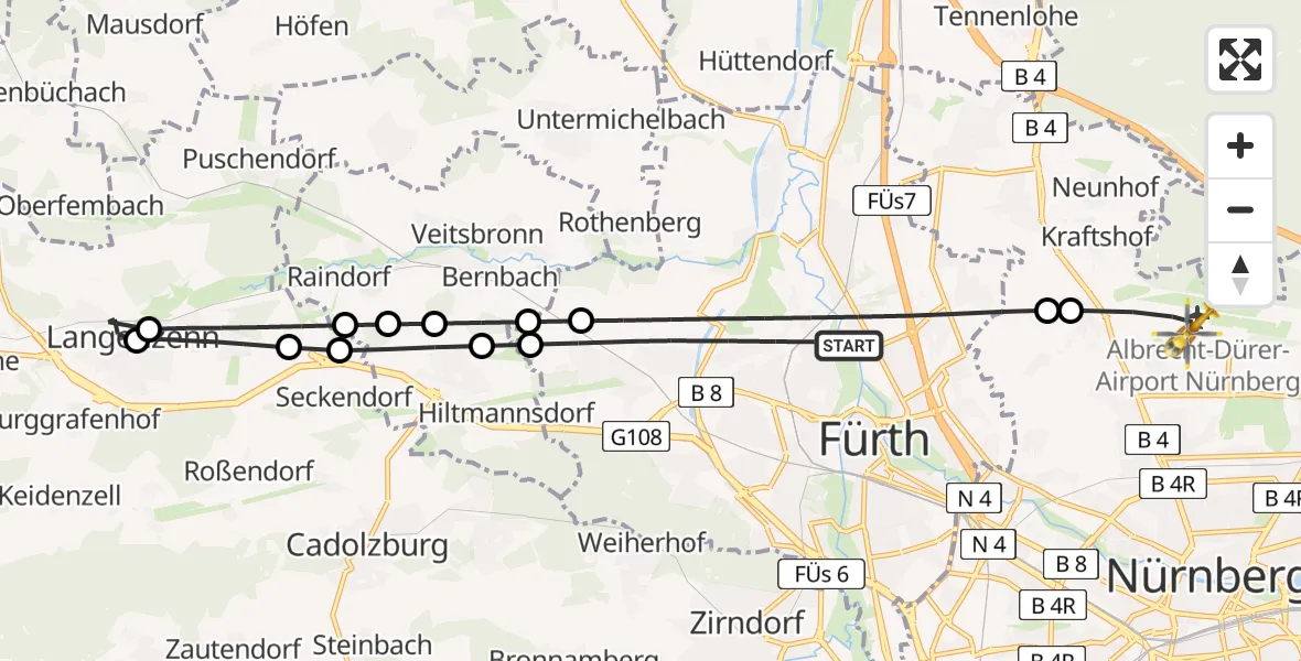 Flugroute Rettungshubschrauber Fürth - Nuremberg Airport, 27 Februar 2026, 16:12
