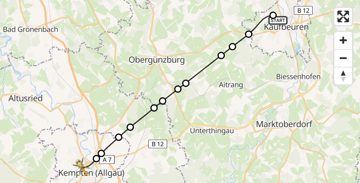 Flugroute Rettungshubschrauber Ostallgäu-Kaufbeuren Hospital Heliport - Kempten (Allgäu), 27 Februar 2026, 16:14