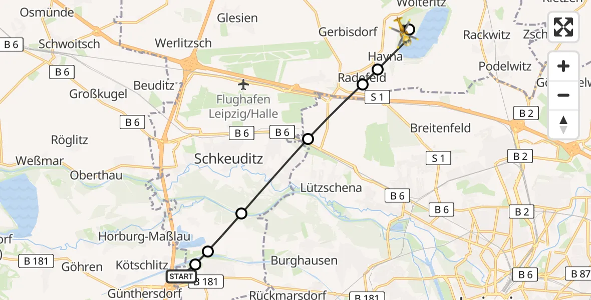 Flugroute Rettungshubschrauber ADAC Air Rescue Station Leipzig/Schkeuditz-Dölzig Heliport (Christoph 61) - Wolteritz, 27 Februar 2026, 16:17