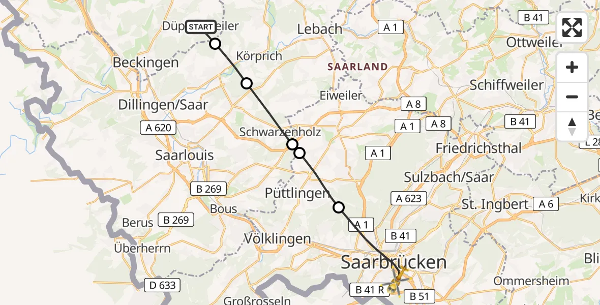 Flugroute Rettungshubschrauber Beckingen - Saarbrücken, 27 Februar 2026, 16:17
