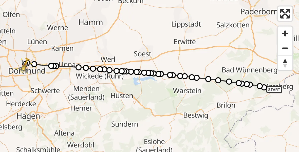 Flugroute Rettungshubschrauber Marsberg - Dortmund Hospital North Heliport, 27 Februar 2026, 16:22