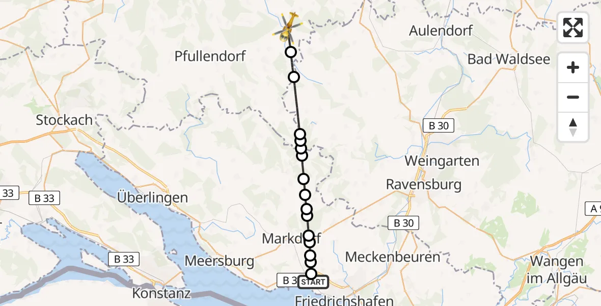 Flugroute Rettungshubschrauber Friedrichshafen Hospital Heliport - Ostrach, 27 Februar 2026, 16:23