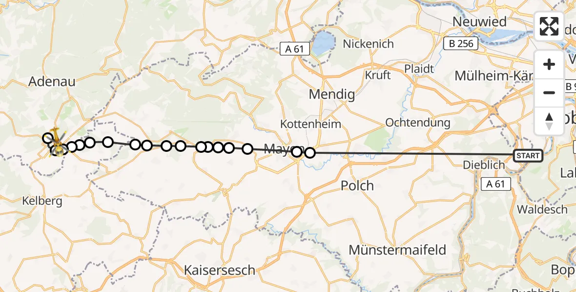 Flugroute Ambulanzhubschrauber Koblenz-Winningen Airfield - Nürburg, 27 Februar 2026, 16:28