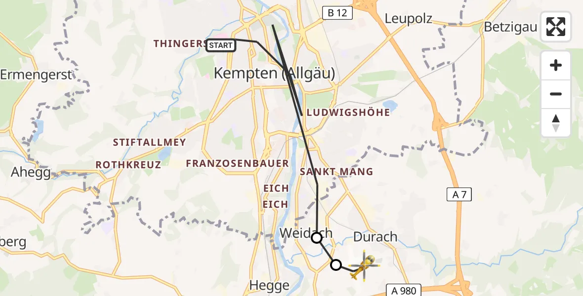 Flugroute Rettungshubschrauber Kempten (Allgäu) - Kempten-Durach Airfield, 27 Februar 2026, 16:30