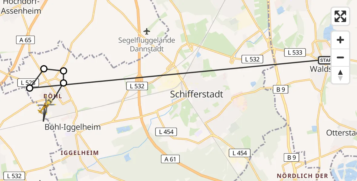 Routekaart van de vlucht: Rettungshubschrauber nach Böhl-Iggelheim, Leininger Straße