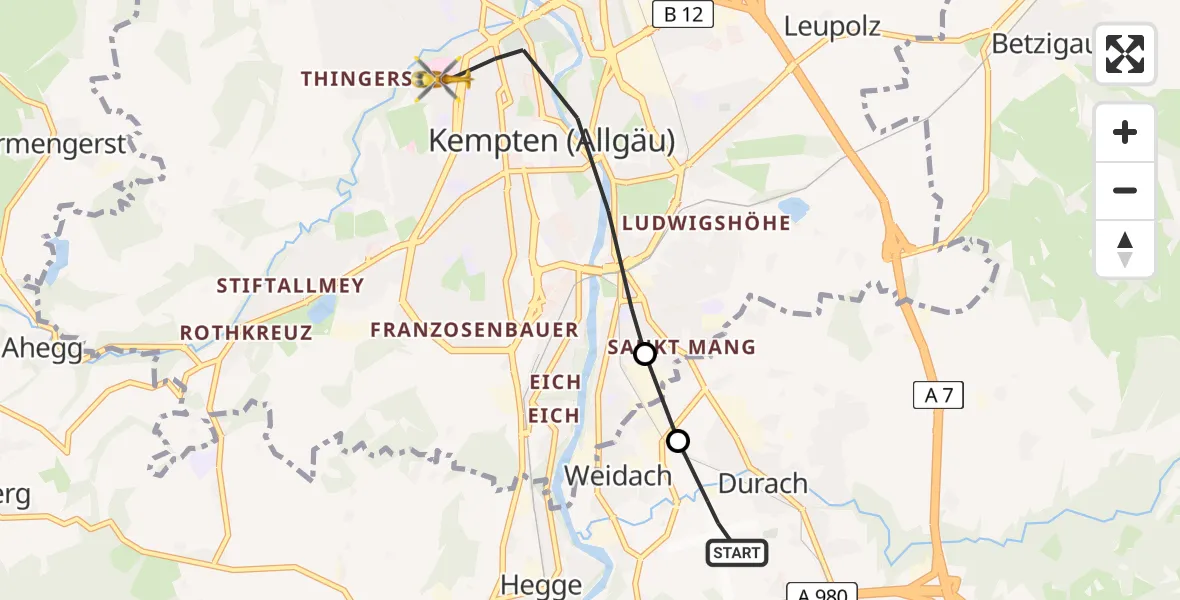 Flugroute Rettungshubschrauber Kempten-Durach Airfield - Kempten (Allgäu), 27 Februar 2026, 16:45