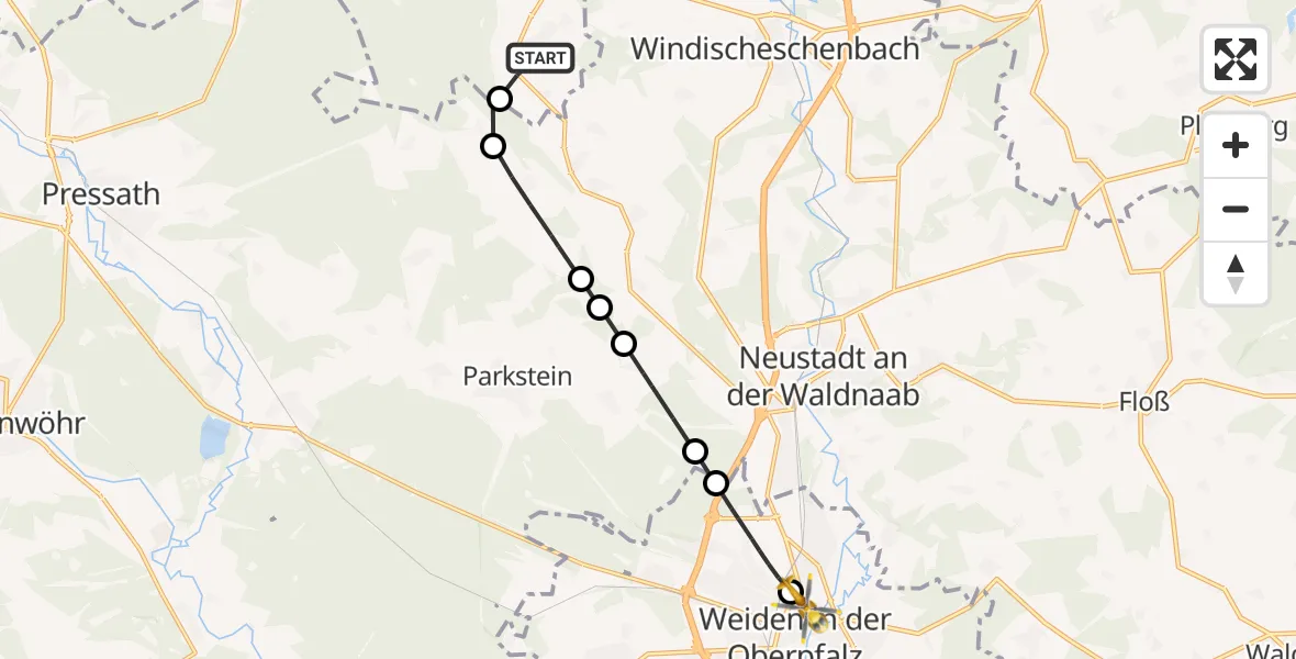Flugroute Rettungshubschrauber Erbendorf - Weiden Hospital Heliport, 27 Februar 2026, 16:46