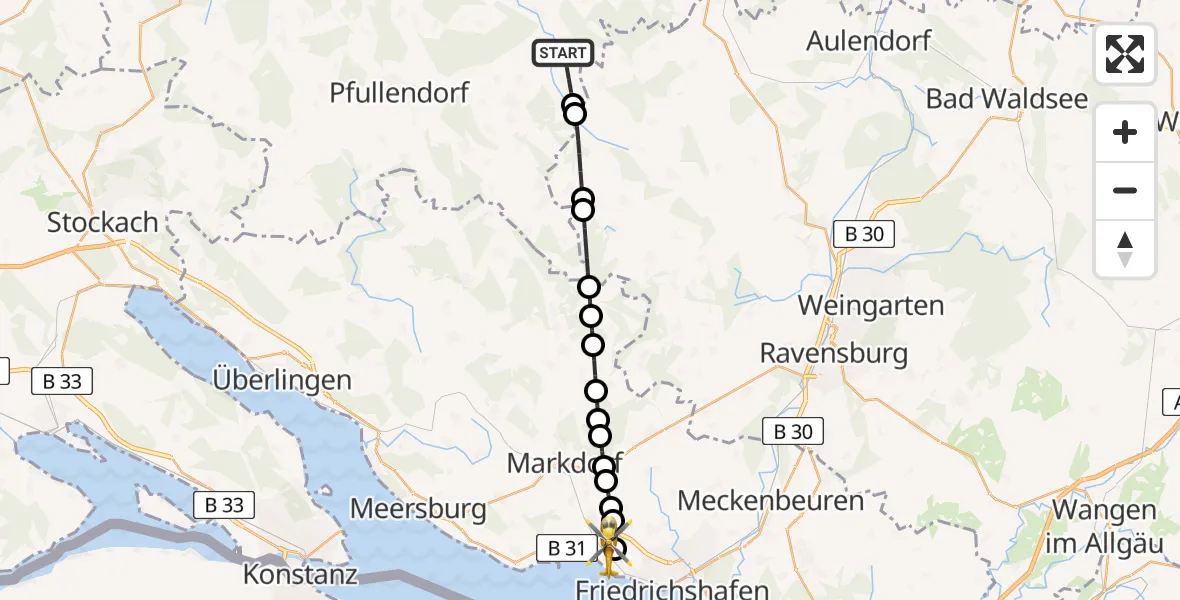 Flugroute Rettungshubschrauber Unterweiler - Friedrichshafen Hospital Heliport, 27 Februar 2026, 16:51