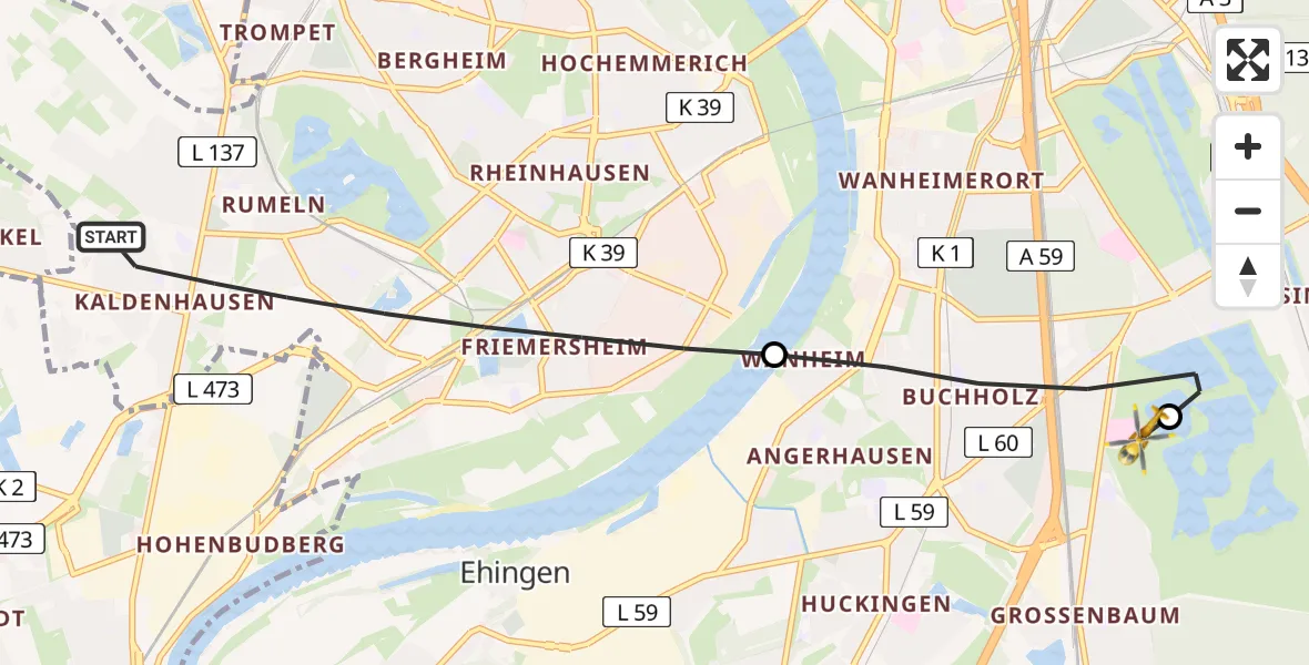 Flugroute Rettungshubschrauber Rheinhausen - Duisburg Air Rescue Heliport (Christoph 9), 27 Februar 2026, 16:52