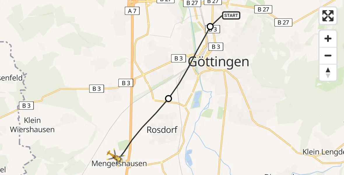 Flugroute Rettungshubschrauber Göttingen University Clinic Heliport - Rosdorf, 27 Februar 2026, 16:52
