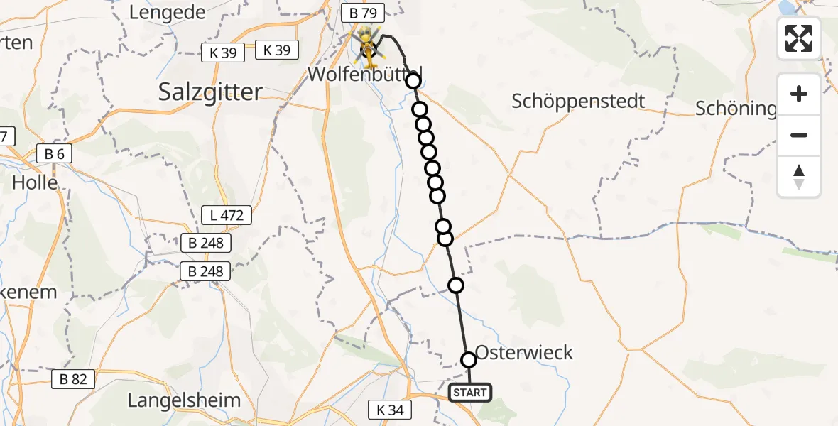 Flugroute Rettungshubschrauber Abbenrode - Wolfenbüttel Municipal Hospital Heliport (Christoph 30), 27 Februar 2026, 16:54