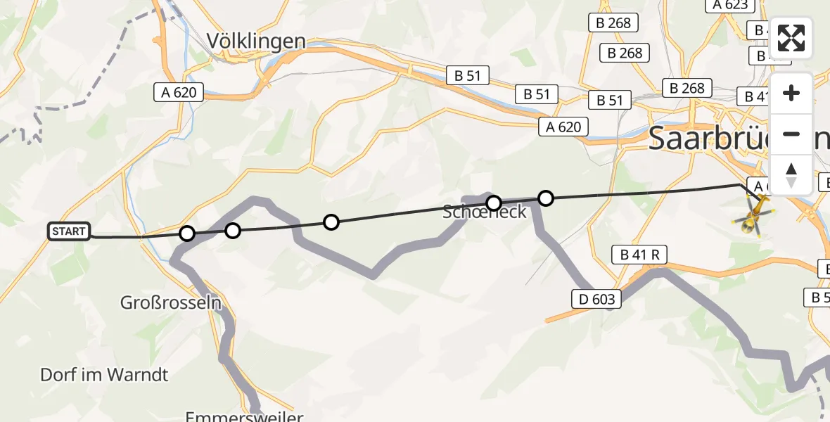 Flugroute Rettungshubschrauber Völklingen - Saarbrücken, 27 Februar 2026, 16:55