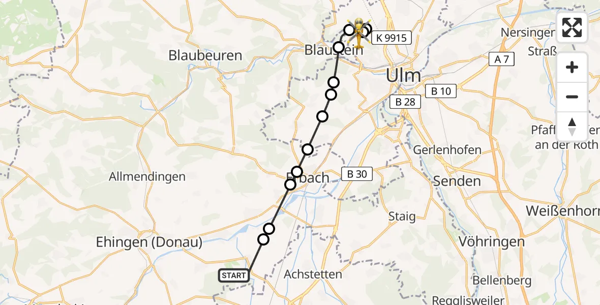 Flugroute Rettungshubschrauber Rißtissen - ADAC Air Rescue Station Ulm (Christoph 22), 27 Februar 2026, 16:57
