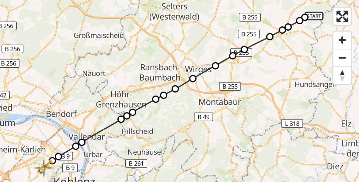 Flugroute Rettungshubschrauber Weltersburg - Koblenz, 27 Februar 2026, 17:03