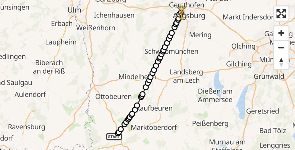 Flugroute Rettungshubschrauber Kempten (Allgäu) - Augsburg University Hospital Heliport, 27 Februar 2026, 17:05
