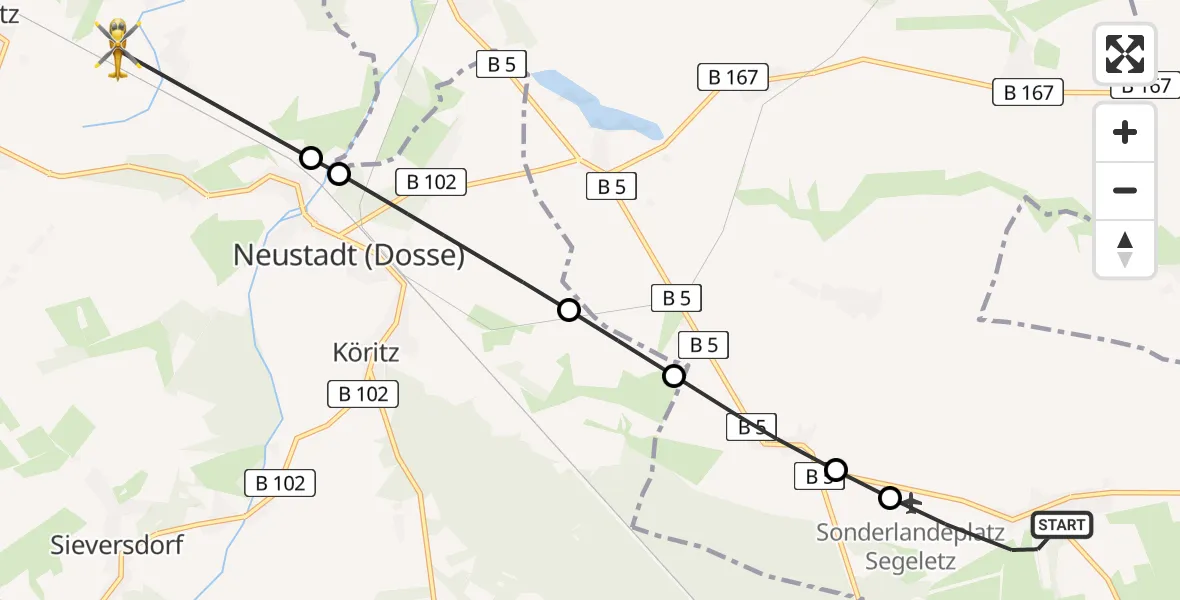 Flugroute Rettungshubschrauber Wusterhausen/Dosse - Neustadt (Dosse), 27 Februar 2026, 17:08