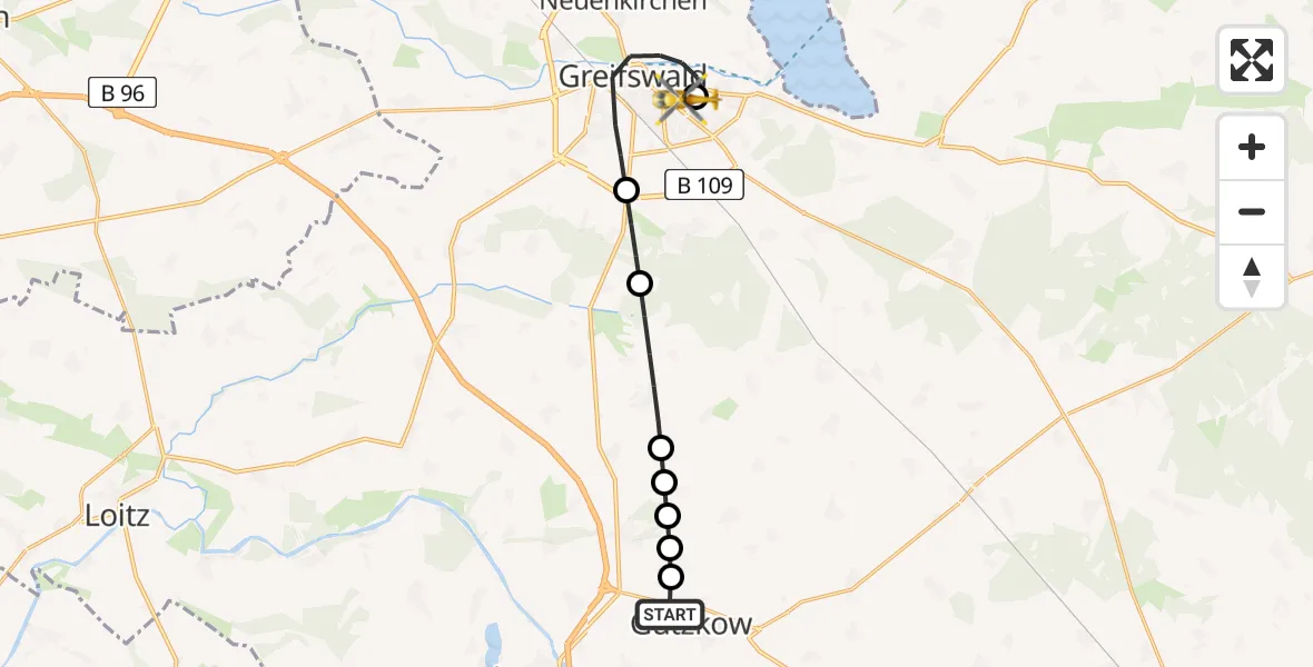 Flugroute Rettungshubschrauber Gützkow - Greifswald Hospital Heliport, 27 Februar 2026, 17:09