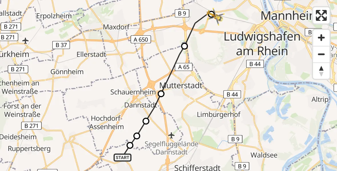 Flugroute Rettungshubschrauber Böhl-Iggelheim - Ludwigshafen Accident Hospital Heliport, 27 Februar 2026, 17:19