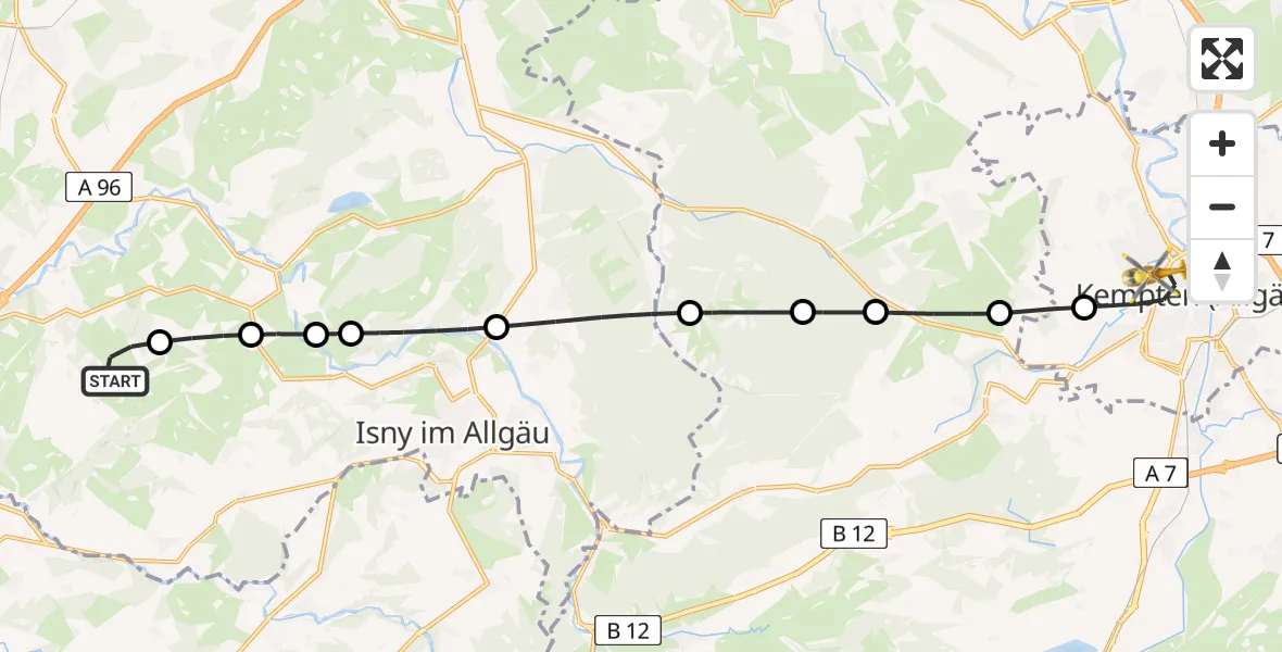 Flugroute Rettungshubschrauber Ratzenried - Kempten (Allgäu), 27 Februar 2026, 17:20