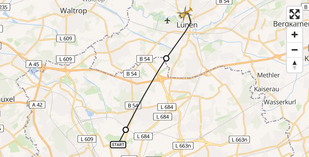 Flugroute Rettungshubschrauber Dortmund Hospital North Heliport - Lünen, 27 Februar 2026, 17:23