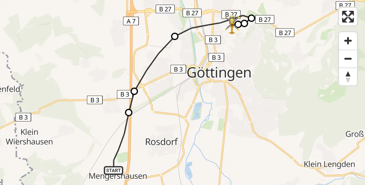 Routekaart van de vlucht: Rettungshubschrauber nach Göttingen University Clinic Heliport