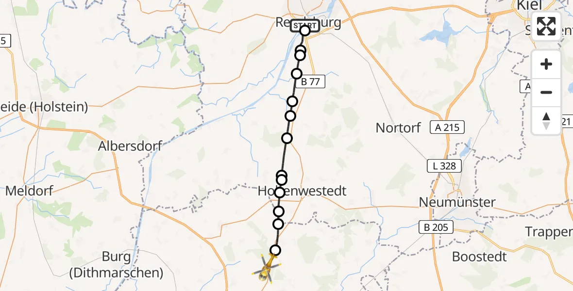 Flugroute Rettungshubschrauber Rendsburg - Itzehoe Hungriger Wolf Airfield, 27 Februar 2026, 17:34