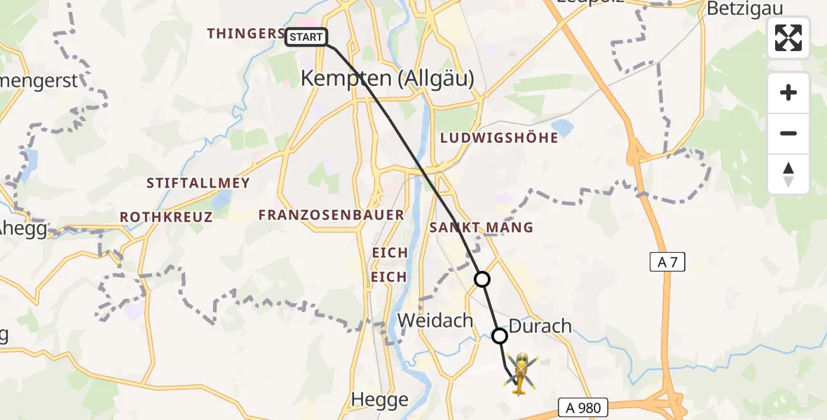 Flugroute Rettungshubschrauber Kempten (Allgäu) - Kempten-Durach Airfield, 27 Februar 2026, 17:45