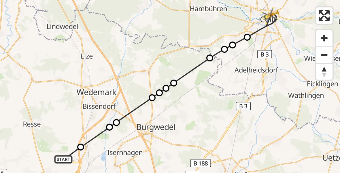 Flugroute Ambulanzhubschrauber Hannover Airport - Celle, 27 Februar 2026, 18:03