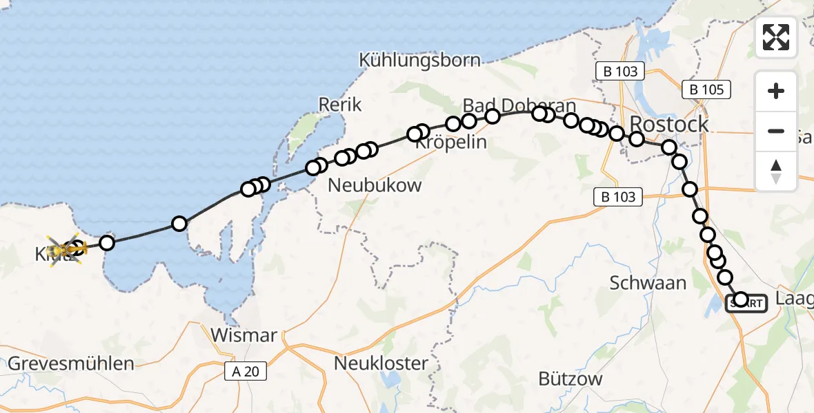 Flugroute Rettungshubschrauber Rostock-Laage Airport - Klütz, 27 Februar 2026, 19:37