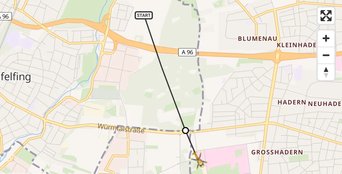 Flugroute Ambulanzhubschrauber Gräfelfing - DRF Air Rescue München Heliport, 27 Februar 2026, 20:37