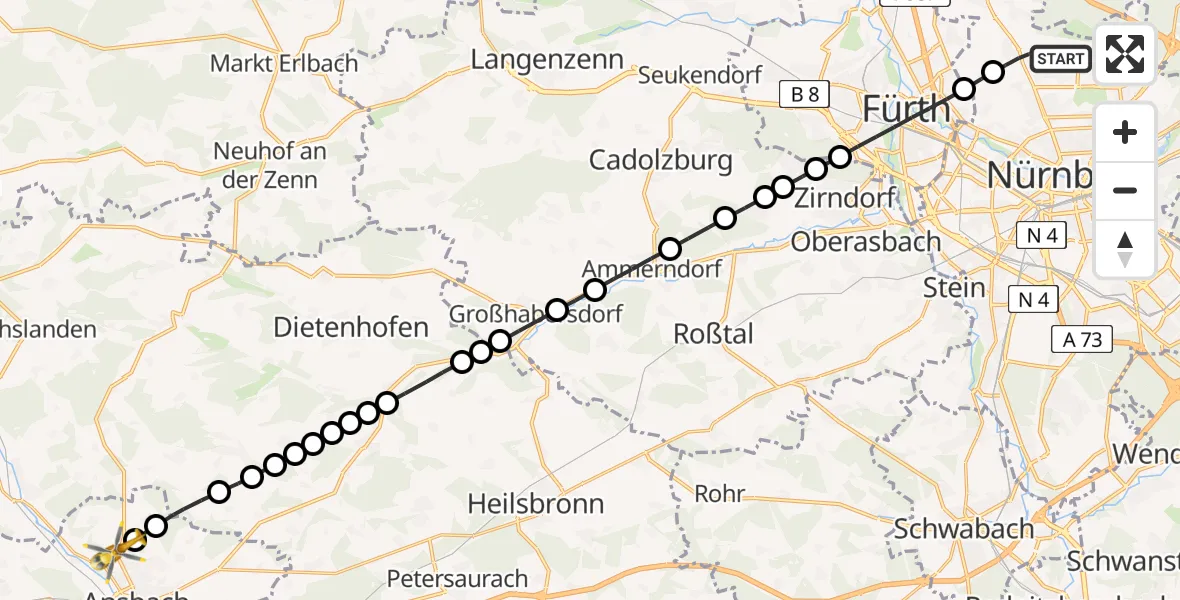 Flugroute Ambulanzhubschrauber Nuremberg Airport - Ansbach, 27 Februar 2026, 20:43