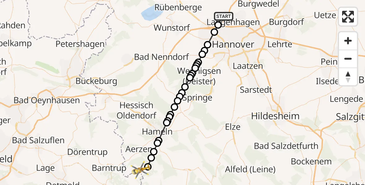 Flugroute Ambulanzhubschrauber Hannover Airport - Bad Pyrmont, 27 Februar 2026, 22:10