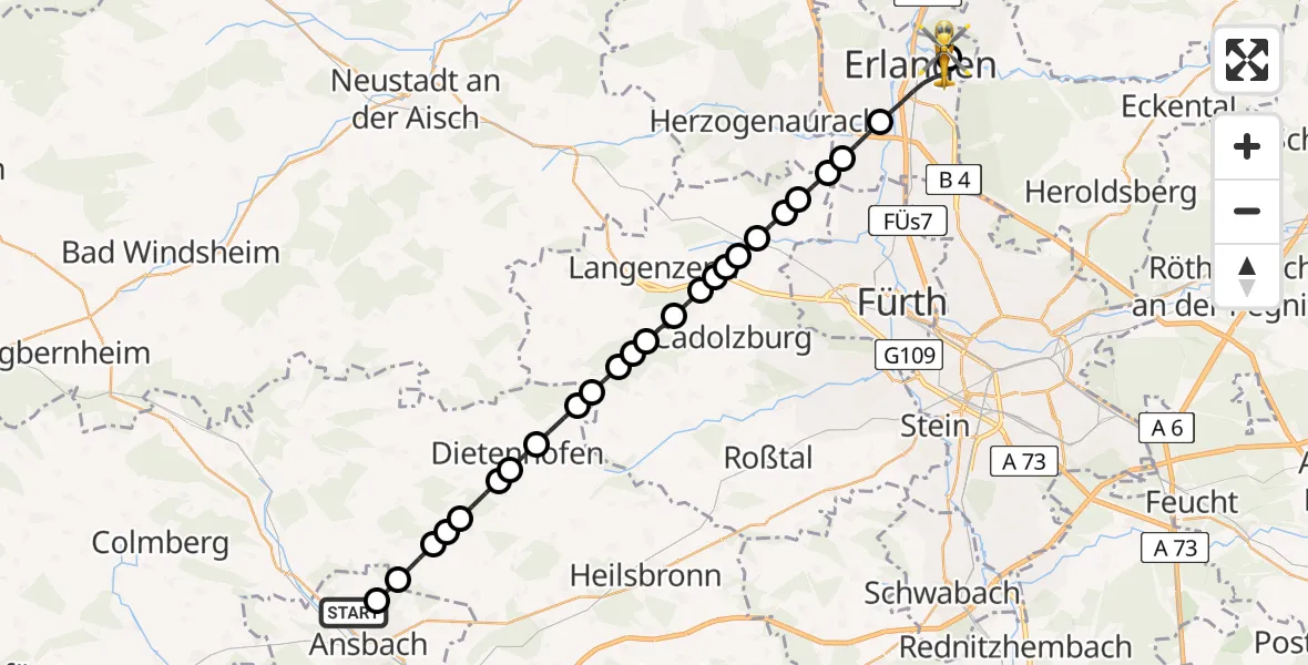 Flugroute Ambulanzhubschrauber Ansbach - Erlangen University Hospital Ebrardstraße Heliport, 27 Februar 2026, 22:22