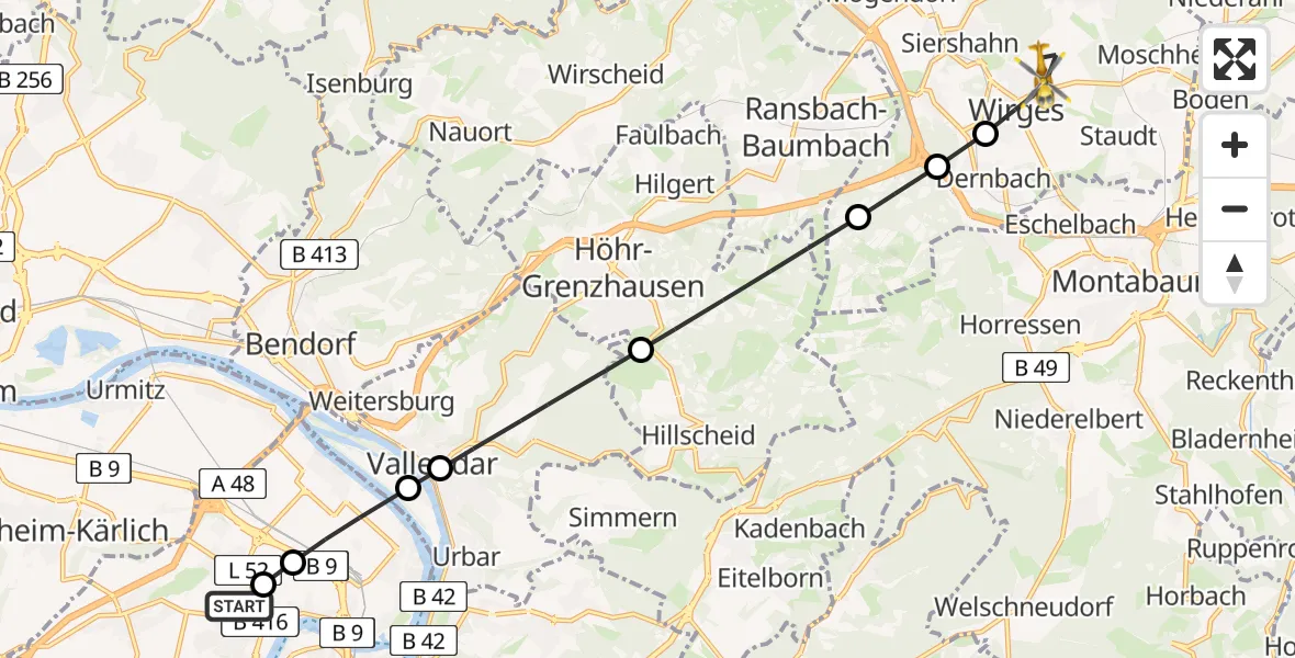 Flugroute Rettungshubschrauber Koblenz - Wirges, 28 Februar 2026, 06:16