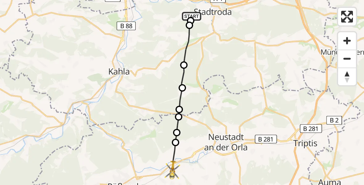 Routekaart van de vlucht: Rettungshubschrauber nach Oppurg, Auf dem unteren Kreuzstück