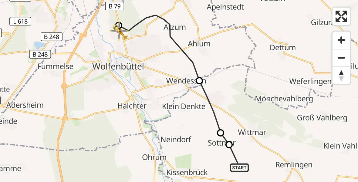 Routekaart van de vlucht: Rettungshubschrauber nach Wolfenbüttel Municipal Hospital Heliport (Christoph 30)