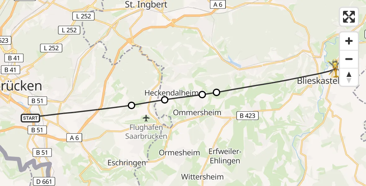 Flugroute Rettungshubschrauber Saarbrücken - Blieskastel, 28 Februar 2026, 06:52