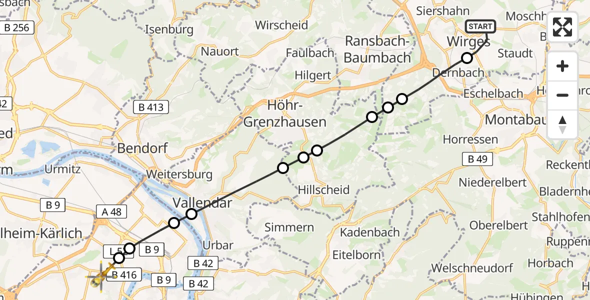 Routekaart van de vlucht: Rettungshubschrauber nach Koblenz, Rübenacher Straße