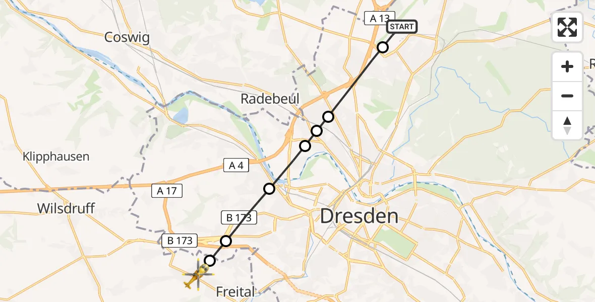Flugroute Rettungshubschrauber Dresden Airport - Freital, 28 Februar 2026, 07:06