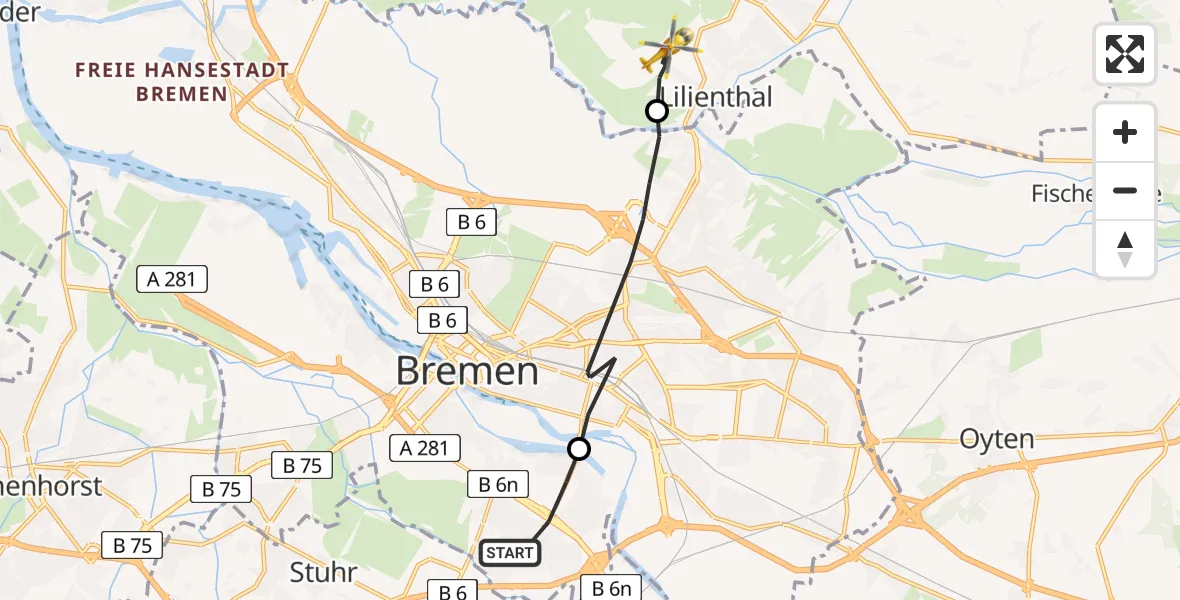 Flugroute Rettungshubschrauber Bremen-Süd - Lilienthal, 28 Februar 2026, 07:16