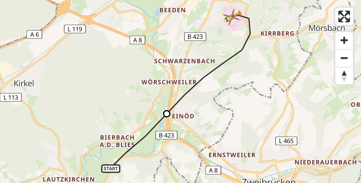 Flugroute Rettungshubschrauber Blieskastel - Homburg, 28 Februar 2026, 07:35