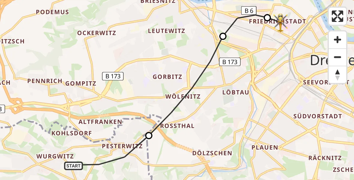 Flugroute Rettungshubschrauber Freital - Dresden Friedrichstadt Hospital Heliport, 28 Februar 2026, 07:51