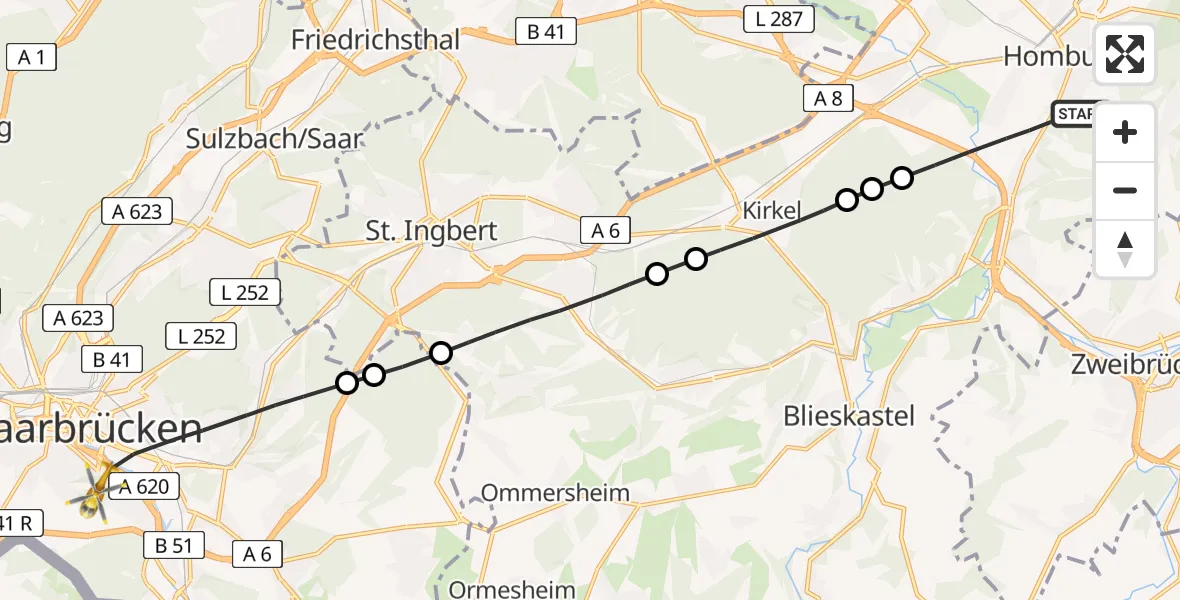 Flugroute Rettungshubschrauber Homburg - Saarbrücken, 28 Februar 2026, 07:53