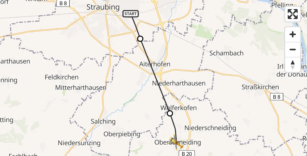 Flugroute Rettungshubschrauber Straubing - Oberschneiding, 28 Februar 2026, 08:02