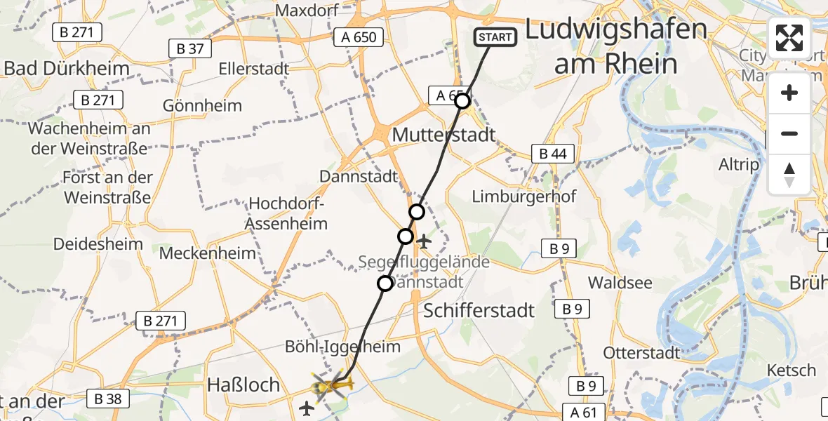 Flugroute Rettungshubschrauber Ludwigshafen am Rhein - Böhl-Iggelheim, 28 Februar 2026, 08:17